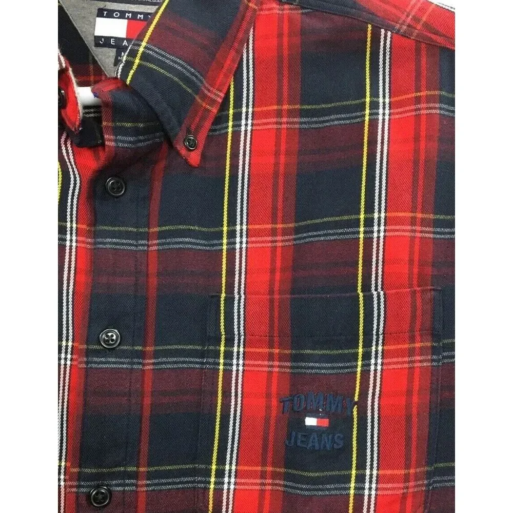 Vintage Tommy‎ Jeans Red Flannel Shirt Mens Plaid Long Sleeve size M